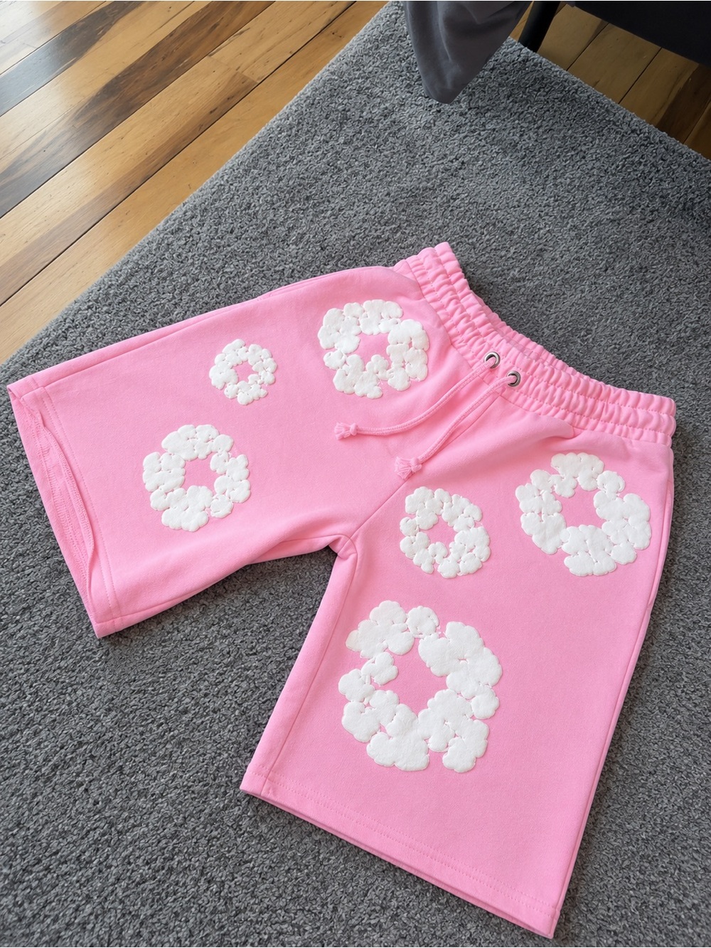 Pink Floral Appliqué Athletic Shorts with Drawstring Waist